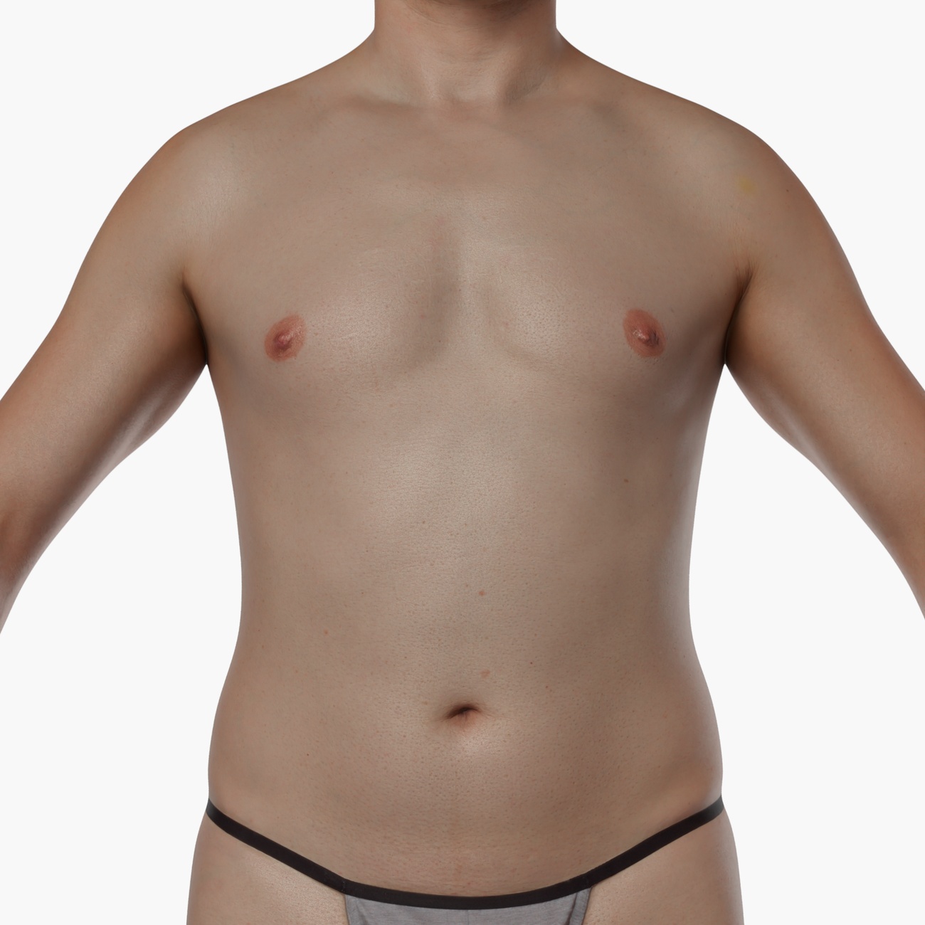 Zoomed torso render of a male 3D body scan showing soft midsection and chest skin texture detail